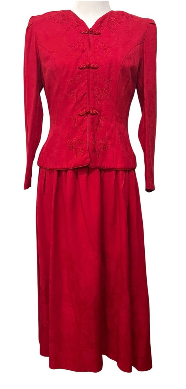 Karin Stevens Vintage Red Dress Sz 8 Long Sleeve Shoulder Pads Embroidered